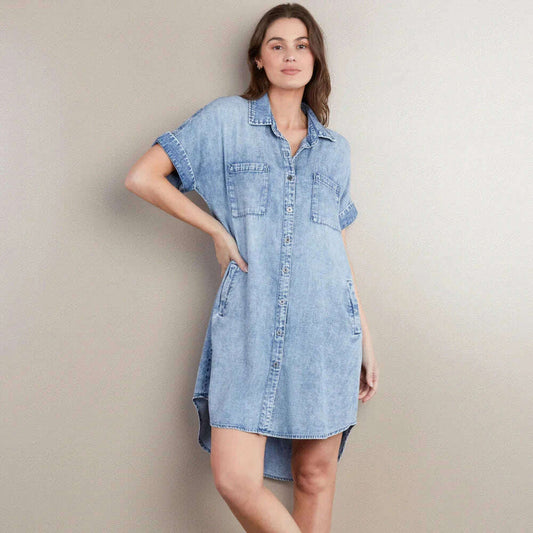 Washlab - Short Sleeve Shirt Dress - Mid Blue, CLOTHING, washlab, Plum Bottom