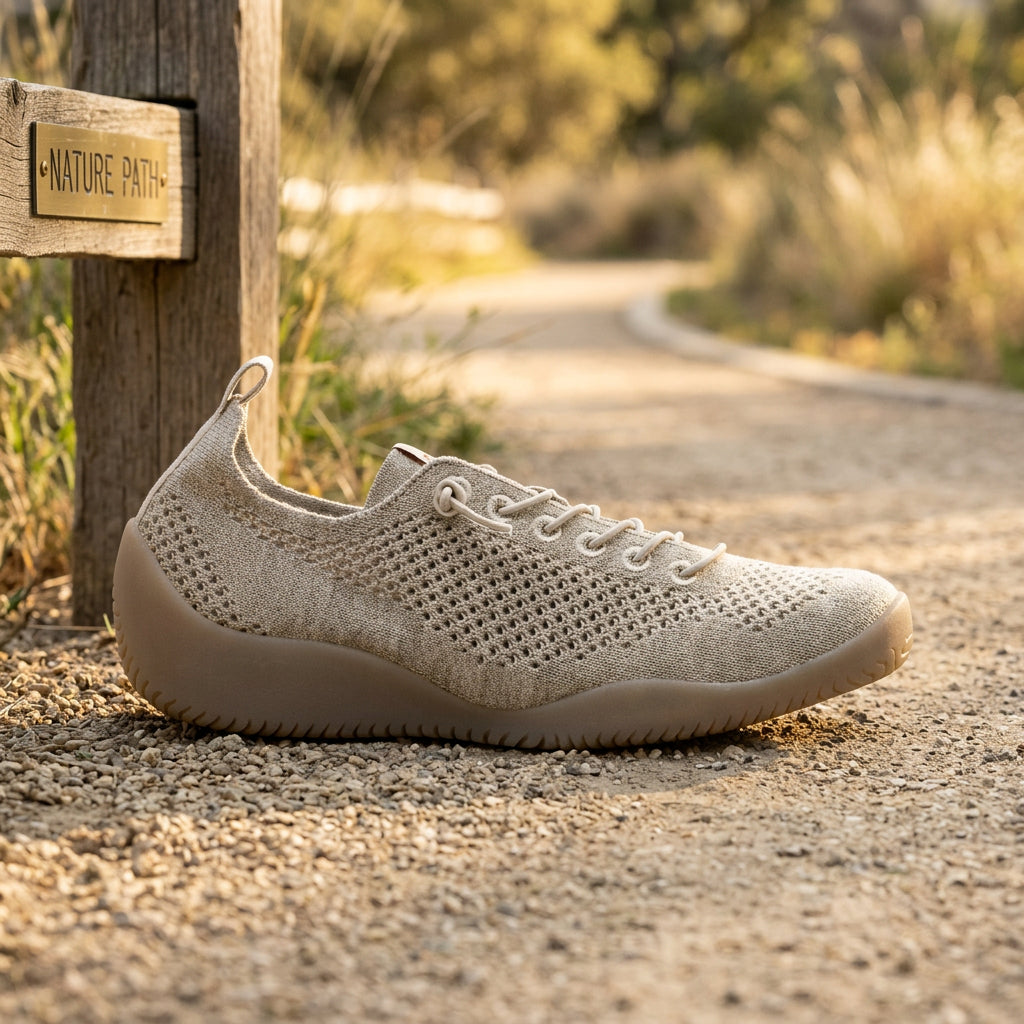 A single low-top knit sneaker in a light taupe-beige color, featuring a textured open-knit upper, matching lace-up eyelets, and a thick flexible gum sole, shown from a side profile on a white background.