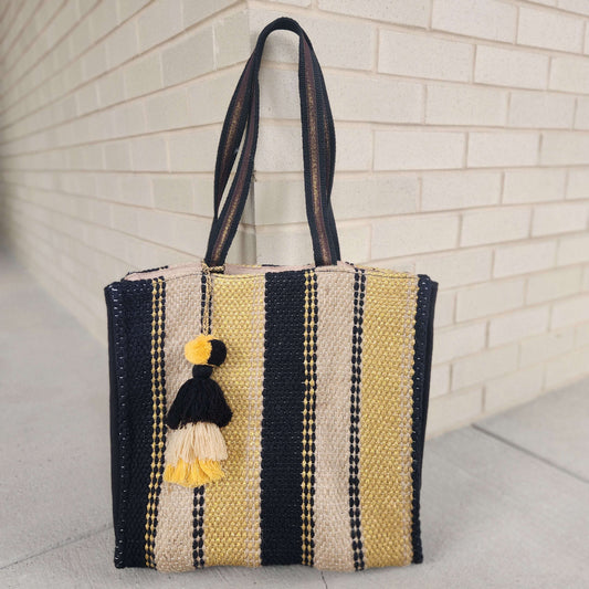 Black & Gold Woven Tote, ACCESSORIES, America & Beyond, Plum Bottom