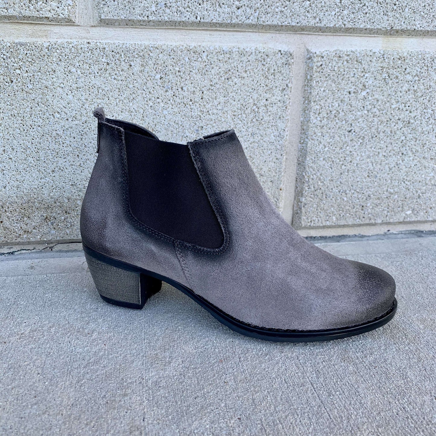 [Eric Michael- Charlie Suede Ankle Boot with Low Heel], [Boots], [Eric Michael], [Plum Bottom].