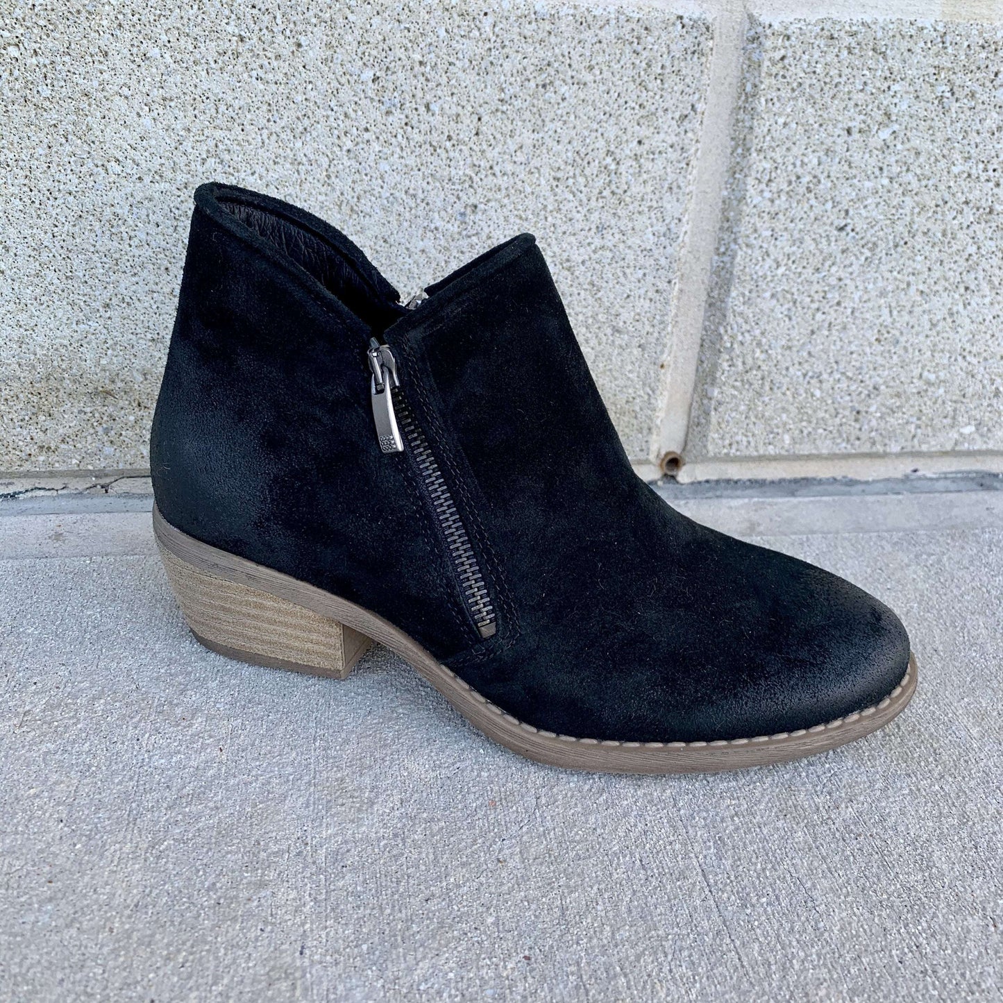 [Eric Michael- Dallas Suede Ankle Boot with Low Heel], [Boots], [Eric Michael], [Plum Bottom].