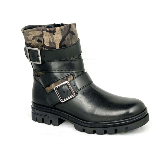 [Eric Michael- Natalie Black Leather Camo Boot], [Boots], [Eric Michael], [Plum Bottom].