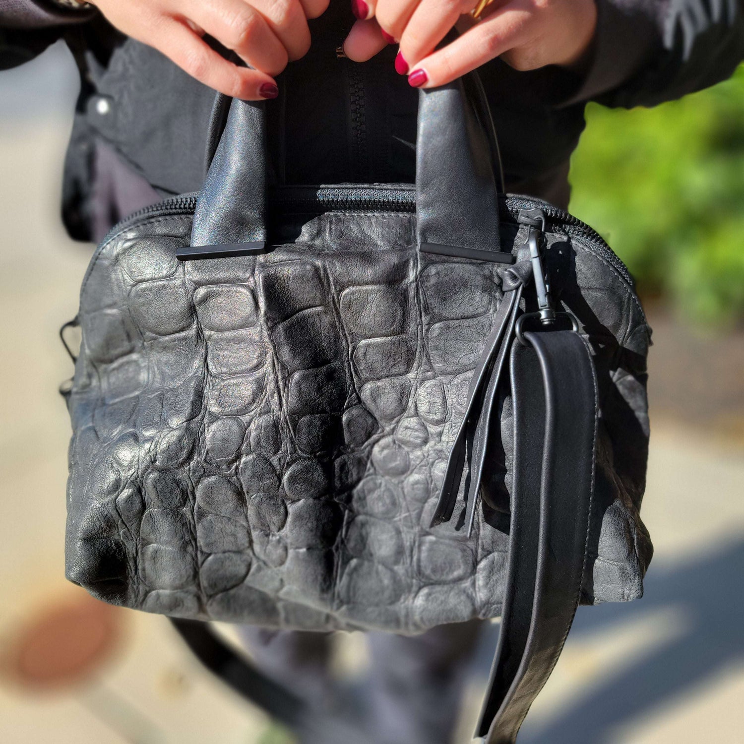 Black Croco Bag Casual Bag Black Embossed Leather Bag Large 